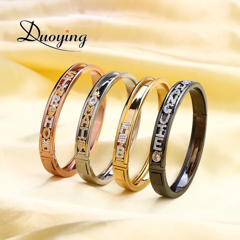 Duoying DIY Slider Charms Bangles Custom Name Bracelets Bangle Zircon Sliding Charm Bangles Personalized Name Letter Bangles Kaiz Boutique