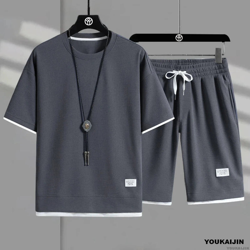 2025 Sports Fashion Casual Men's Suit Summer Korean Men's Waffle Short-sleeved T-shirt + Five-point Shorts Two-piece Set Kaiz Boutique