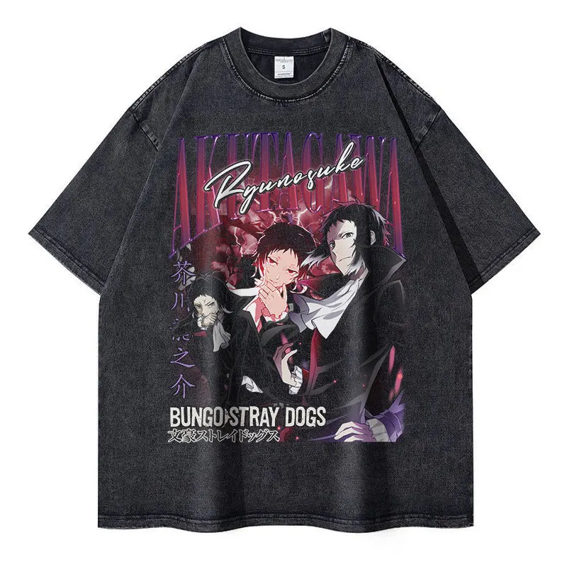 Nakahara Chuuya T-shirt Vintage Washed Anime T Shirts Oversized Streetwear Dazai Osamu Atsushi Retro Tops Tees Men 100% Cotton Kaiz Boutique