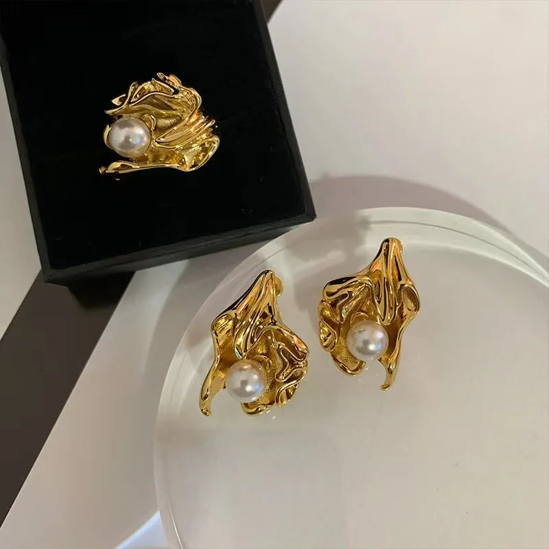 Vintage Pearls Inlaid Flower Earrings Necklace Irregular Stainless Steel Thin Chain Elegant Double Layers Fashion Jewelry Women Kaiz Boutique