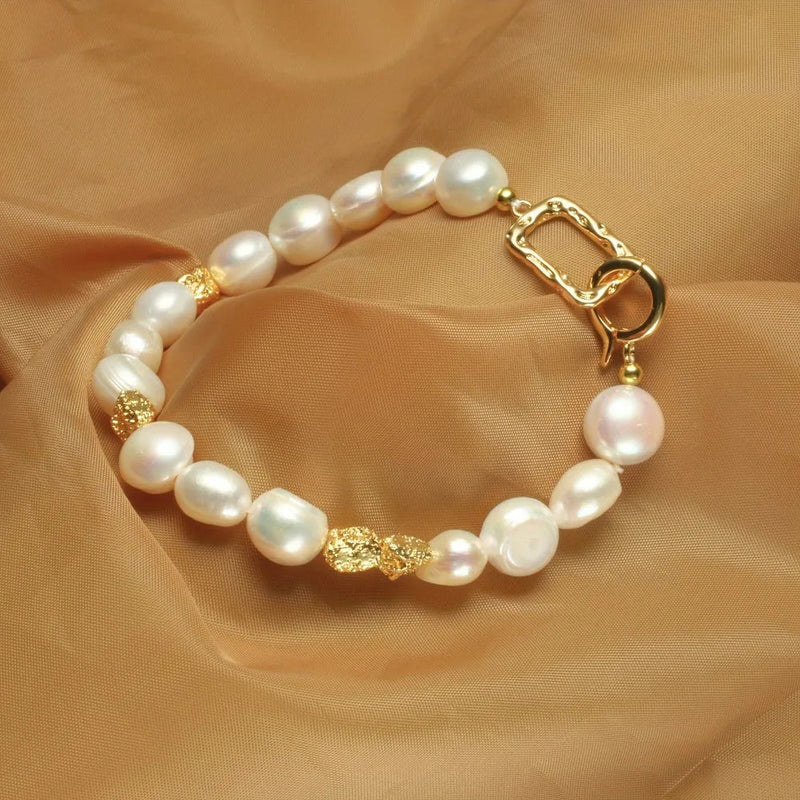 14k Gold Plated 8-9mm Baroque Natural Freshwater Pearl Bracelets Women's Hand Bracelet Jewelry Gift for Birthday Anniversary Kaiz Boutique