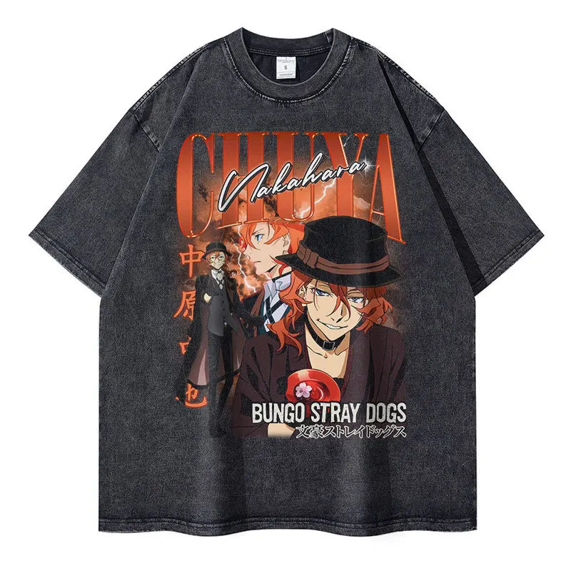 Nakahara Chuuya T-shirt Vintage Washed Anime T Shirts Oversized Streetwear Dazai Osamu Atsushi Retro Tops Tees Men 100% Cotton Kaiz Boutique