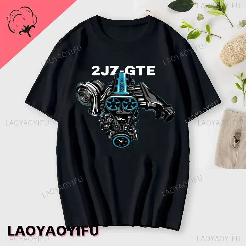 Japan Car 2JZ Engine Turbo Tuning JDM Printing T-Shirt Summer Fashion Casual Cotton O-Neck Mens Tshirt Personality Mans Clothing Kaiz Boutique