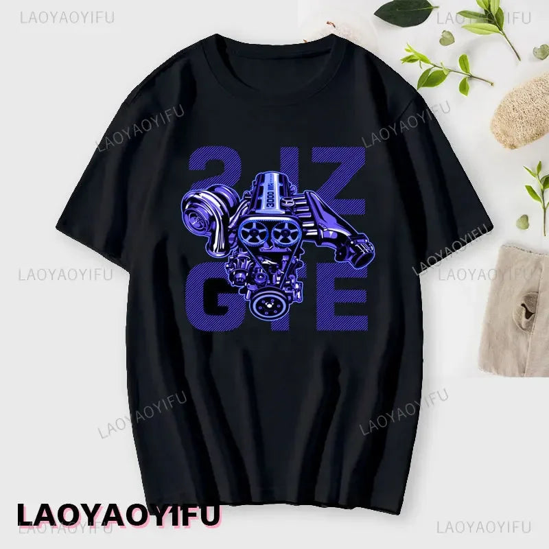 Japan Car 2JZ Engine Turbo Tuning JDM Printing T-Shirt Summer Fashion Casual Cotton O-Neck Mens Tshirt Personality Mans Clothing Kaiz Boutique