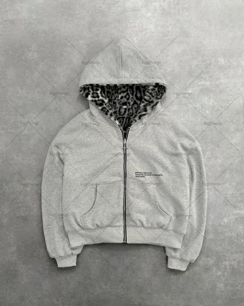 American New Retro Leopard Print Two-sided Fashion Zipper Hoodie Men Street Hip-hop Harajuku Y2K Casual Oversized Sweatshirt Kaiz Boutique