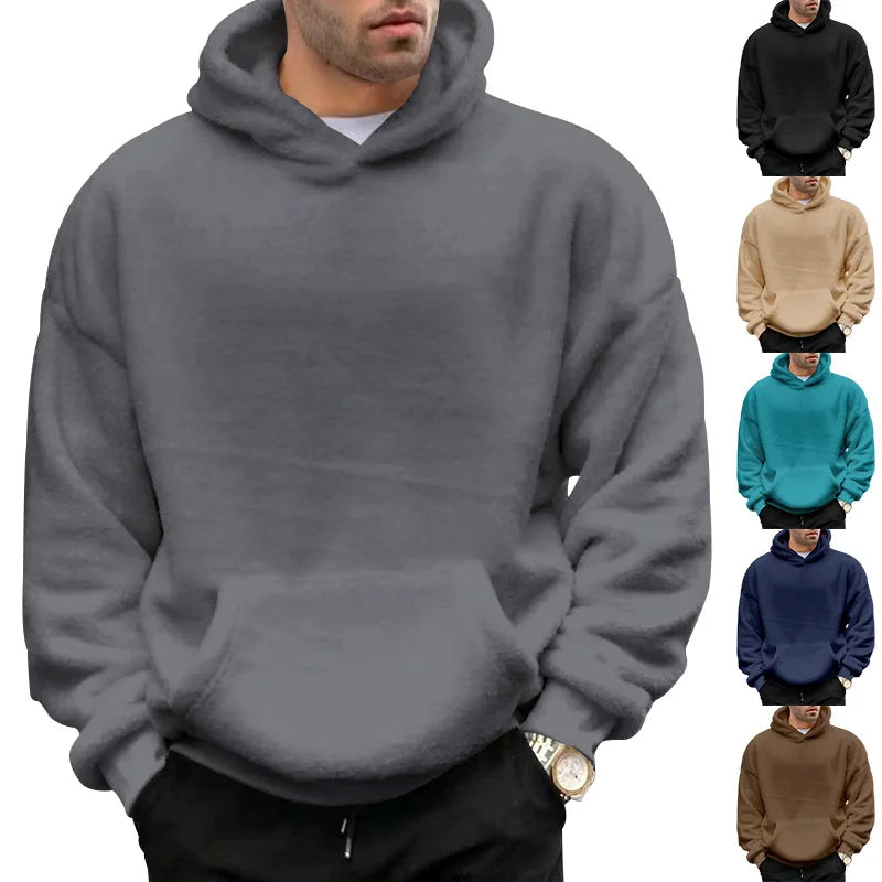 Autumn Winter New Fashion Hoodies Long Sleeve Solid Lamb Wool Sweatshirts Men's Clothing Casual Loose Pockets Korean Trend Tops Kaiz Boutique