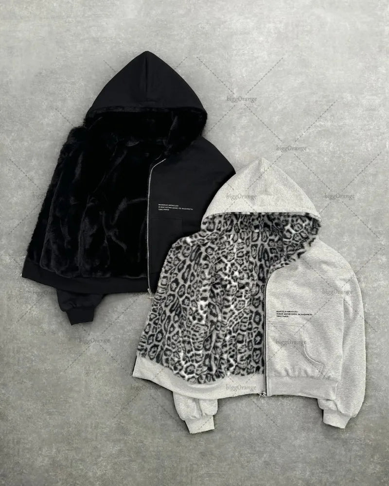 American New Retro Leopard Print Two-sided Fashion Zipper Hoodie Men Street Hip-hop Harajuku Y2K Casual Oversized Sweatshirt Kaiz Boutique