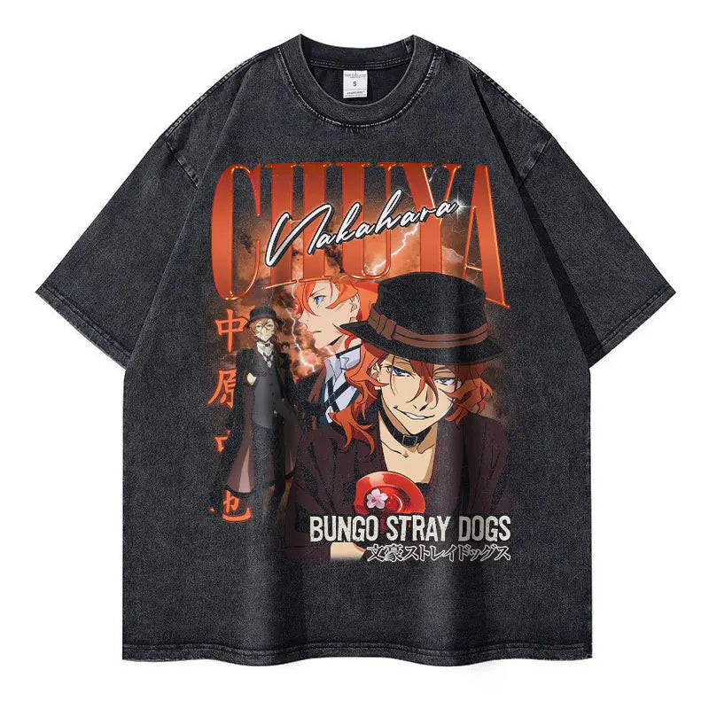 Nakahara Chuuya T-shirt Vintage Washed Anime T Shirts Oversized Streetwear Dazai Osamu Atsushi Retro Tops Tees Men 100% Cotton Kaiz Boutique