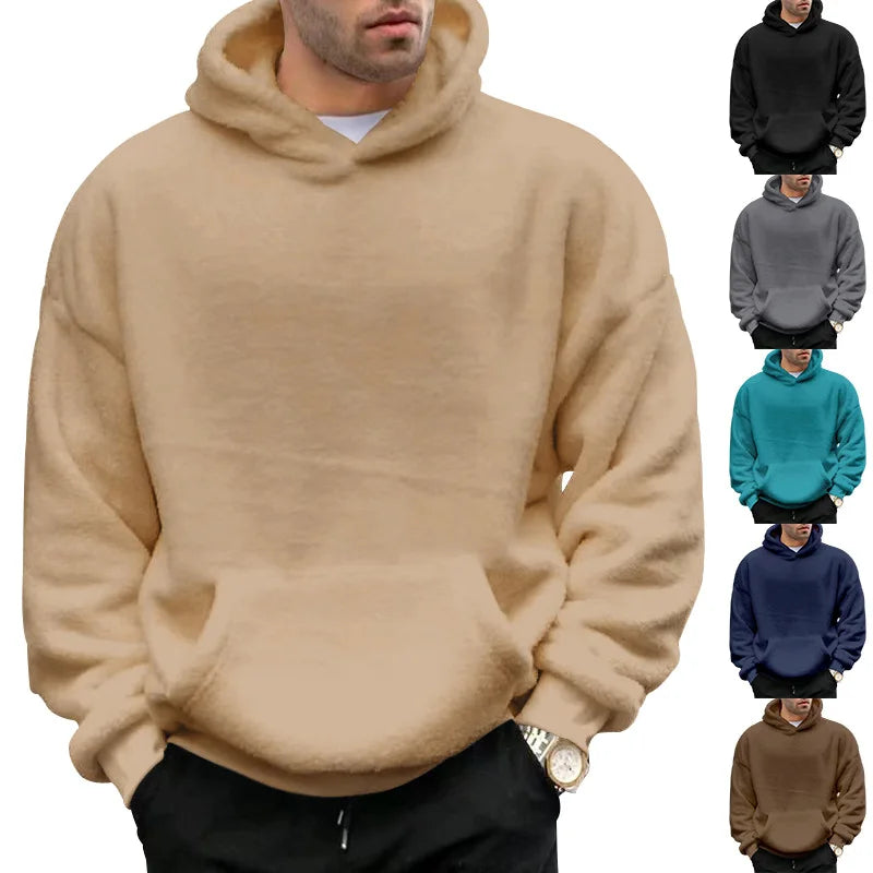 Autumn Winter New Fashion Hoodies Long Sleeve Solid Lamb Wool Sweatshirts Men's Clothing Casual Loose Pockets Korean Trend Tops Kaiz Boutique