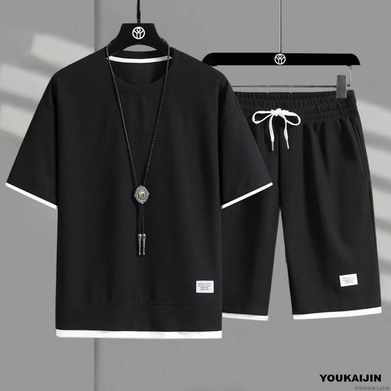 2025 Sports Fashion Casual Men's Suit Summer Korean Men's Waffle Short-sleeved T-shirt + Five-point Shorts Two-piece Set Kaiz Boutique