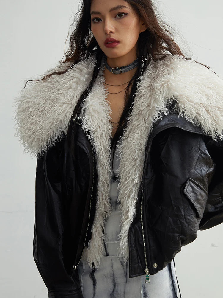 [EAM] Black Big Size PU Leather Jacket New Removable Fur Collar Long Sleeve Women Coat Fashion Tide Spring Autumn 2025 1DH2121 Kaiz Boutique