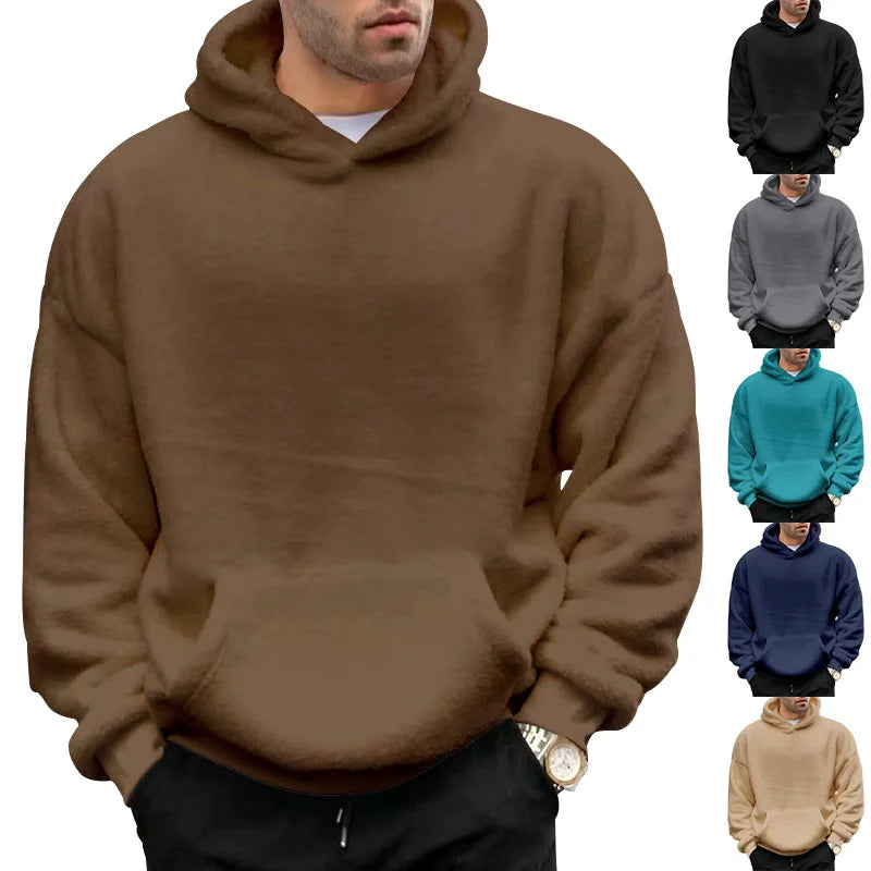 Autumn Winter New Fashion Hoodies Long Sleeve Solid Lamb Wool Sweatshirts Men's Clothing Casual Loose Pockets Korean Trend Tops Kaiz Boutique