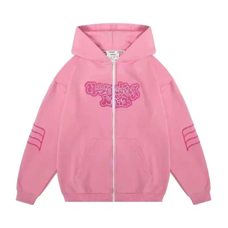 American Fashion Hip Hop Letter Embroidered Zipper Hoodie Men Street Y2K New Casual Loose Fleece Padded Sweatshirt Unisex Hoodie Kaiz Boutique