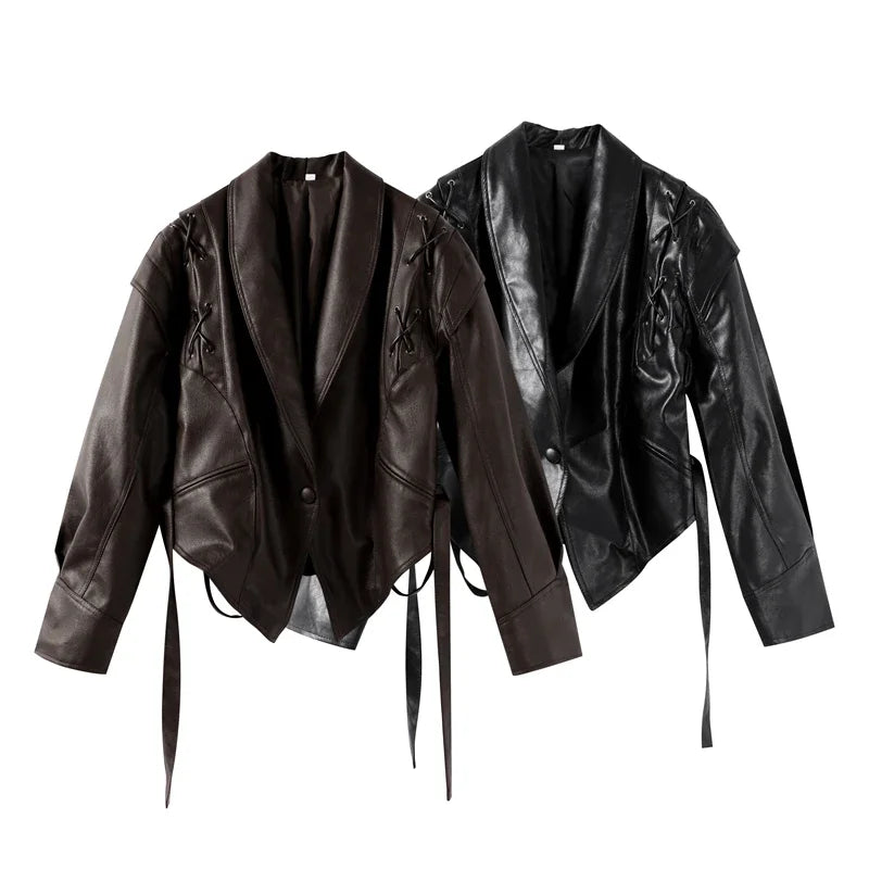 Faux Leather Brown Women Jackets 2025 Belt Lace Up Lapel Female Coat Vintage Casual Spring One Button Long Sleeve Lady Outwear Kaiz Boutique