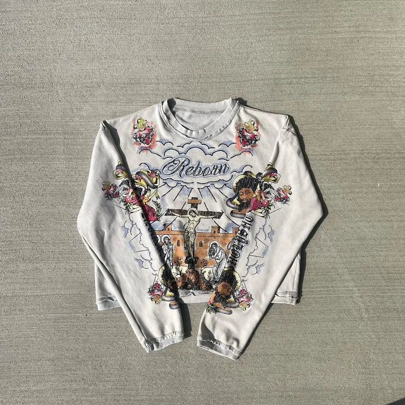 High Street Trendy Streetwear Tops Harajuku Punk Retro Pattern Printed Oversized T-shirt Men Hip-hop Casual Loose Long Sleeves Kaiz Boutique