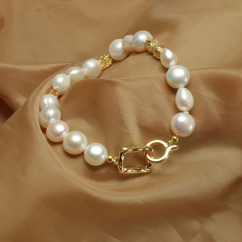 14k Gold Plated 8-9mm Baroque Natural Freshwater Pearl Bracelets Women's Hand Bracelet Jewelry Gift for Birthday Anniversary Kaiz Boutique