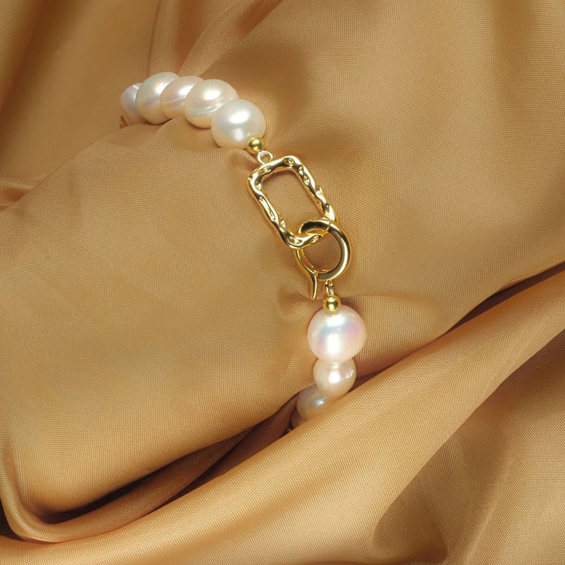 14k Gold Plated 8-9mm Baroque Natural Freshwater Pearl Bracelets Women's Hand Bracelet Jewelry Gift for Birthday Anniversary Kaiz Boutique