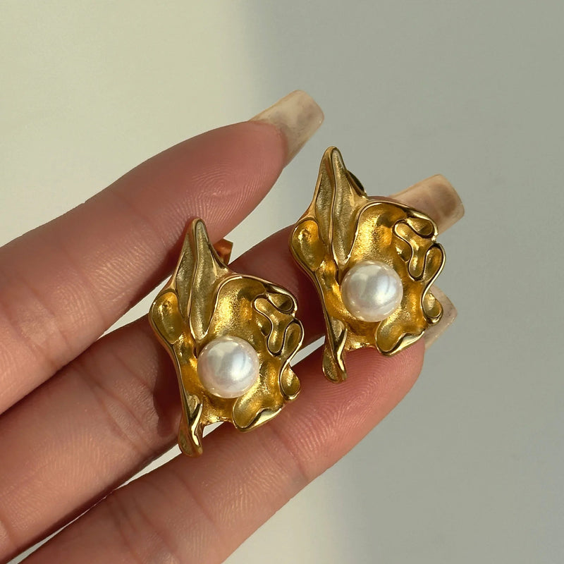 Vintage Pearls Inlaid Flower Earrings Necklace Irregular Stainless Steel Thin Chain Elegant Double Layers Fashion Jewelry Women Kaiz Boutique
