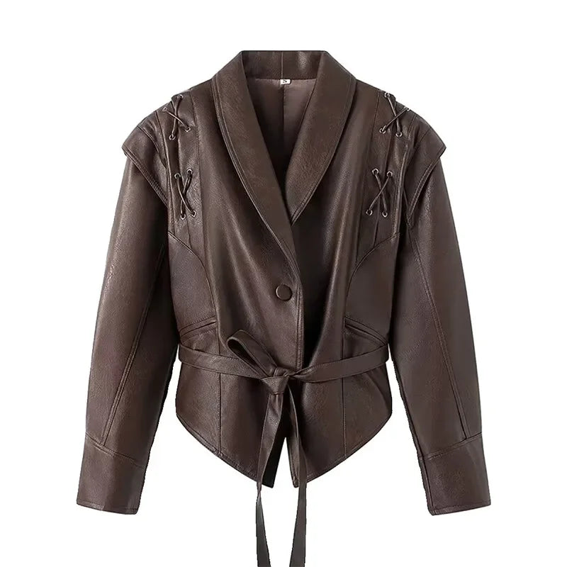 Faux Leather Brown Women Jackets 2025 Belt Lace Up Lapel Female Coat Vintage Casual Spring One Button Long Sleeve Lady Outwear Kaiz Boutique
