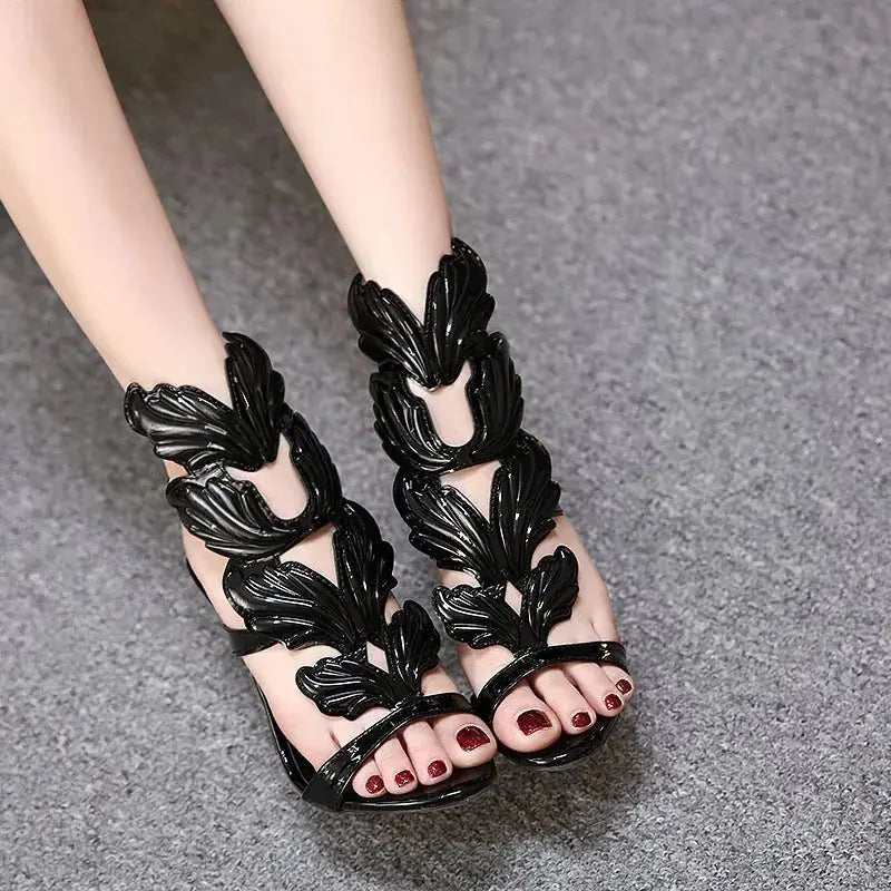 Rome Style Metal Wings Stiletto Women's Sandals Gold Patent Leather High Heels Fashion Ladies Open Toe Double Buckle Party Shoes Kaiz Boutique