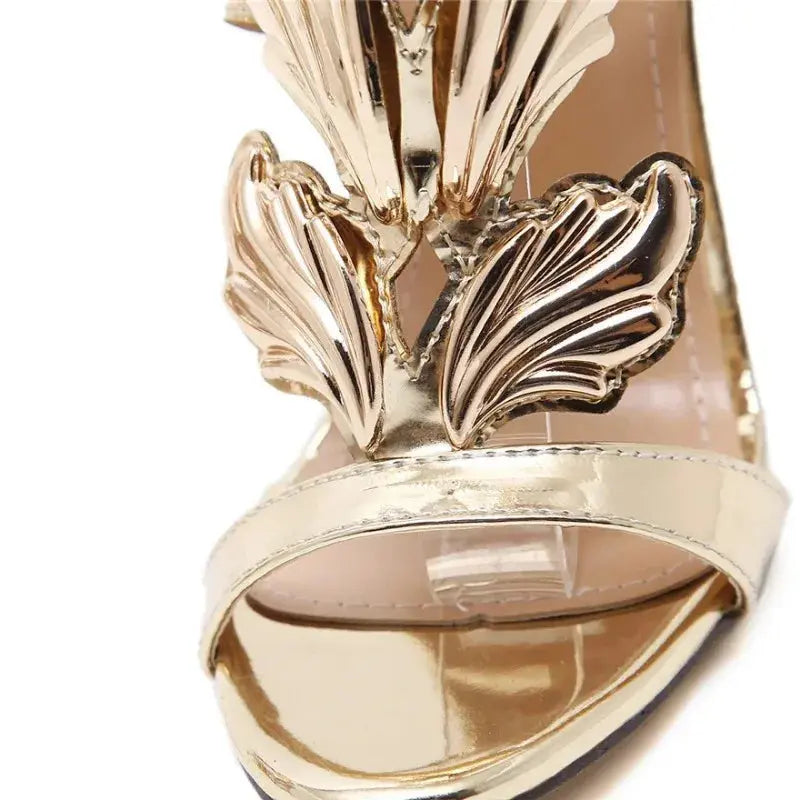 Rome Style Metal Wings Stiletto Women's Sandals Gold Patent Leather High Heels Fashion Ladies Open Toe Double Buckle Party Shoes Kaiz Boutique