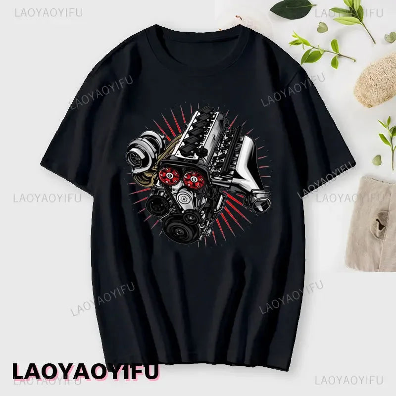 Japan Car 2JZ Engine Turbo Tuning JDM Printing T-Shirt Summer Fashion Casual Cotton O-Neck Mens Tshirt Personality Mans Clothing Kaiz Boutique