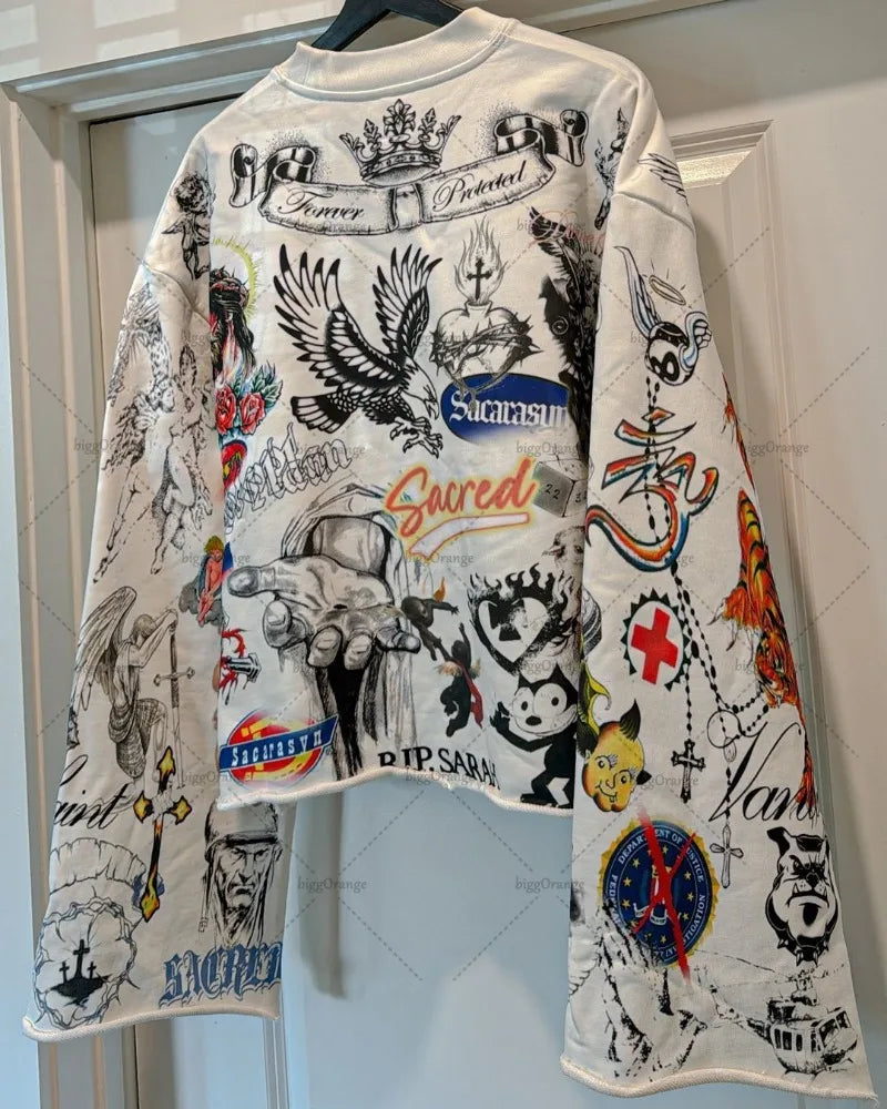 High Street Trendy Streetwear Tops Harajuku Punk Retro Pattern Printed Oversized T-shirt Men Hip-hop Casual Loose Long Sleeves Kaiz Boutique