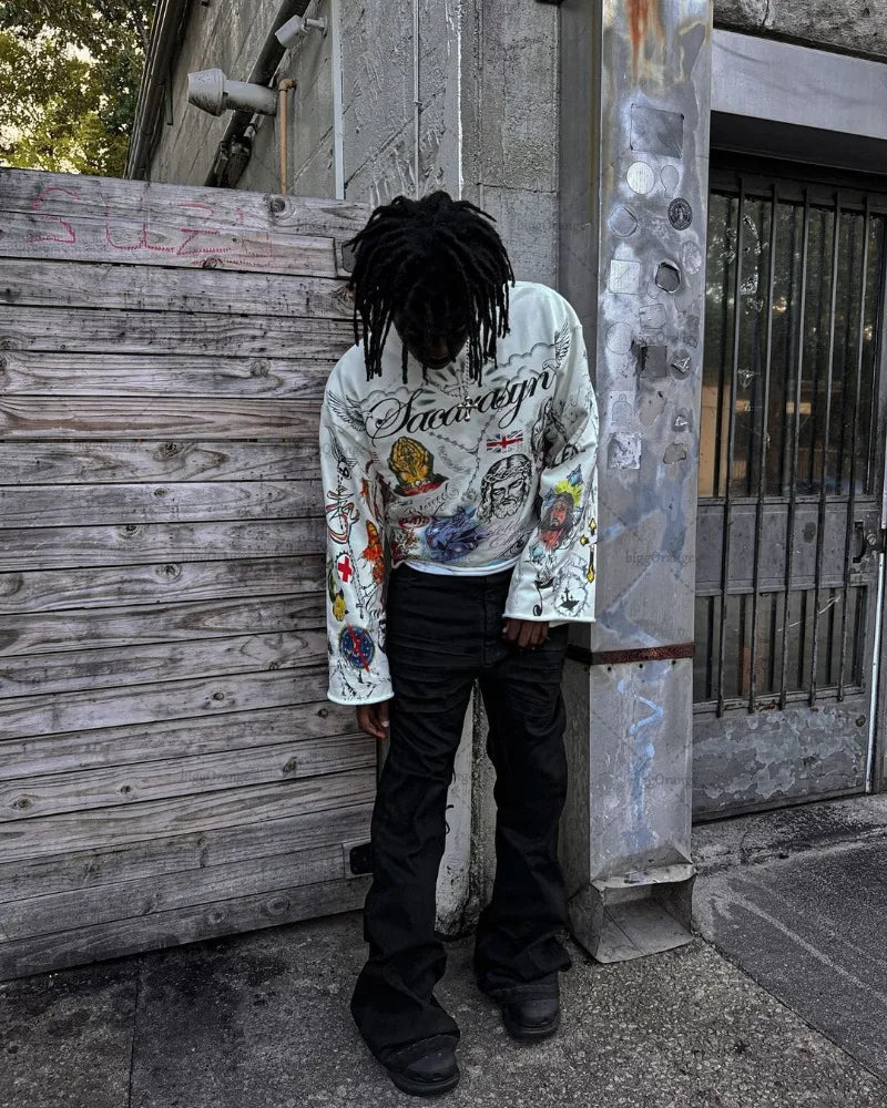 High Street Trendy Streetwear Tops Harajuku Punk Retro Pattern Printed Oversized T-shirt Men Hip-hop Casual Loose Long Sleeves Kaiz Boutique