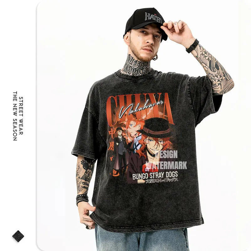 Nakahara Chuuya T-shirt Vintage Washed Anime T Shirts Oversized Streetwear Dazai Osamu Atsushi Retro Tops Tees Men 100% Cotton Kaiz Boutique