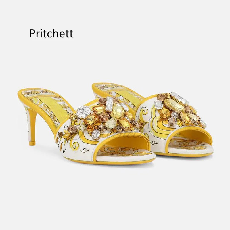 Yellow Prints Stiletto Slippers for Women Rhinestone Open Toe Summer Shoes Med Heels Bohemian Vacation Party Crystal Shoes Kaiz Boutique