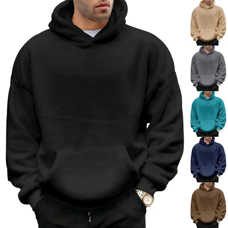 Autumn Winter New Fashion Hoodies Long Sleeve Solid Lamb Wool Sweatshirts Men's Clothing Casual Loose Pockets Korean Trend Tops Kaiz Boutique