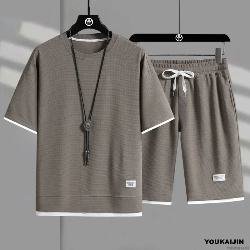 2025 Sports Fashion Casual Men's Suit Summer Korean Men's Waffle Short-sleeved T-shirt + Five-point Shorts Two-piece Set Kaiz Boutique