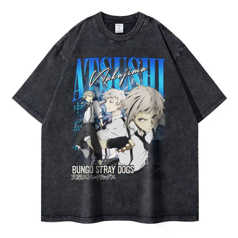 Nakahara Chuuya T-shirt Vintage Washed Anime T Shirts Oversized Streetwear Dazai Osamu Atsushi Retro Tops Tees Men 100% Cotton Kaiz Boutique