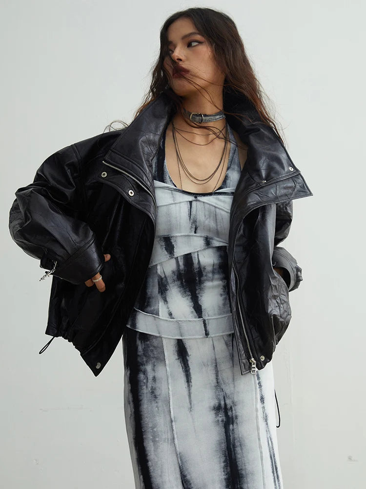 [EAM] Black Big Size PU Leather Jacket New Removable Fur Collar Long Sleeve Women Coat Fashion Tide Spring Autumn 2025 1DH2121 Kaiz Boutique