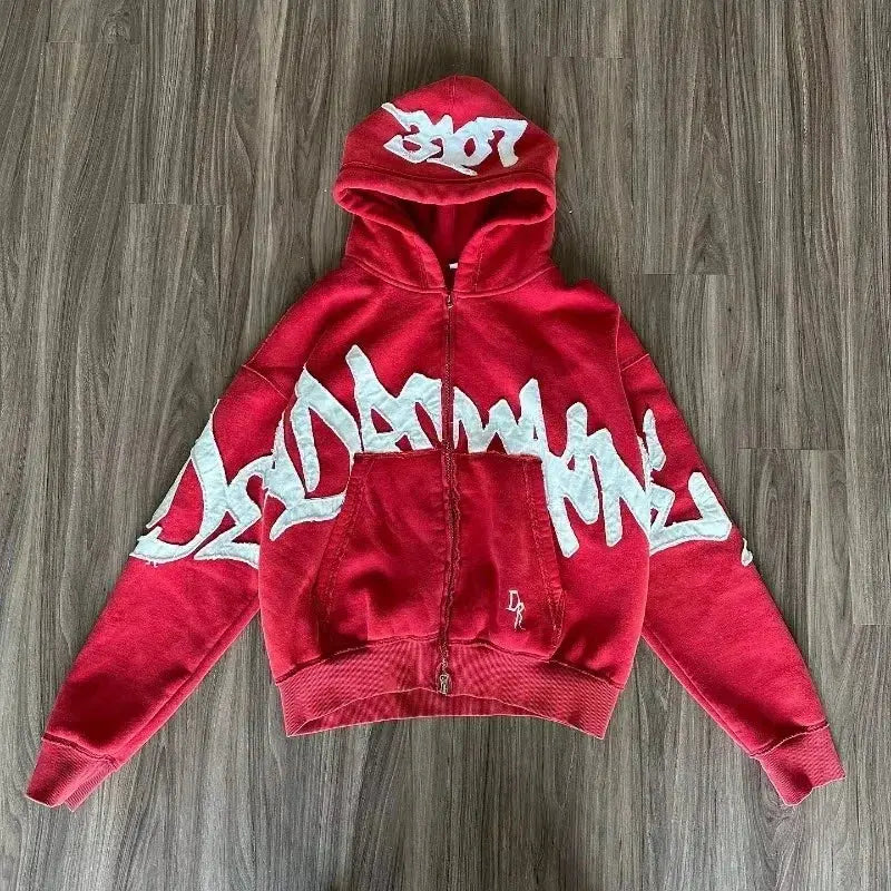 American Fashion Hip Hop Letter Embroidered Zipper Hoodie Men Street Y2K New Casual Loose Fleece Padded Sweatshirt Unisex Hoodie Kaiz Boutique