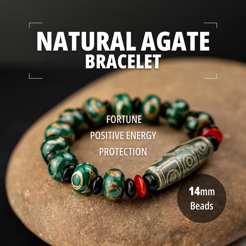 14mm Natural Stone Bracelet Green Agate Beads Bracelet 9-Eyed Dzi Beads Healing Stone Bracelet Best Gifts for Man Women - Kaiz Boutique