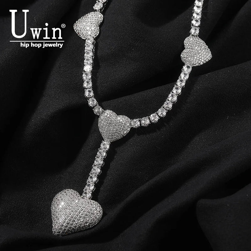 Uwin 4 Heart Necklace Drip Necklaces for Women 4mm Tennis Chain With Heart Pendant Iced Out Cz Hip Hop Jewelry Gift - Kaiz Boutique