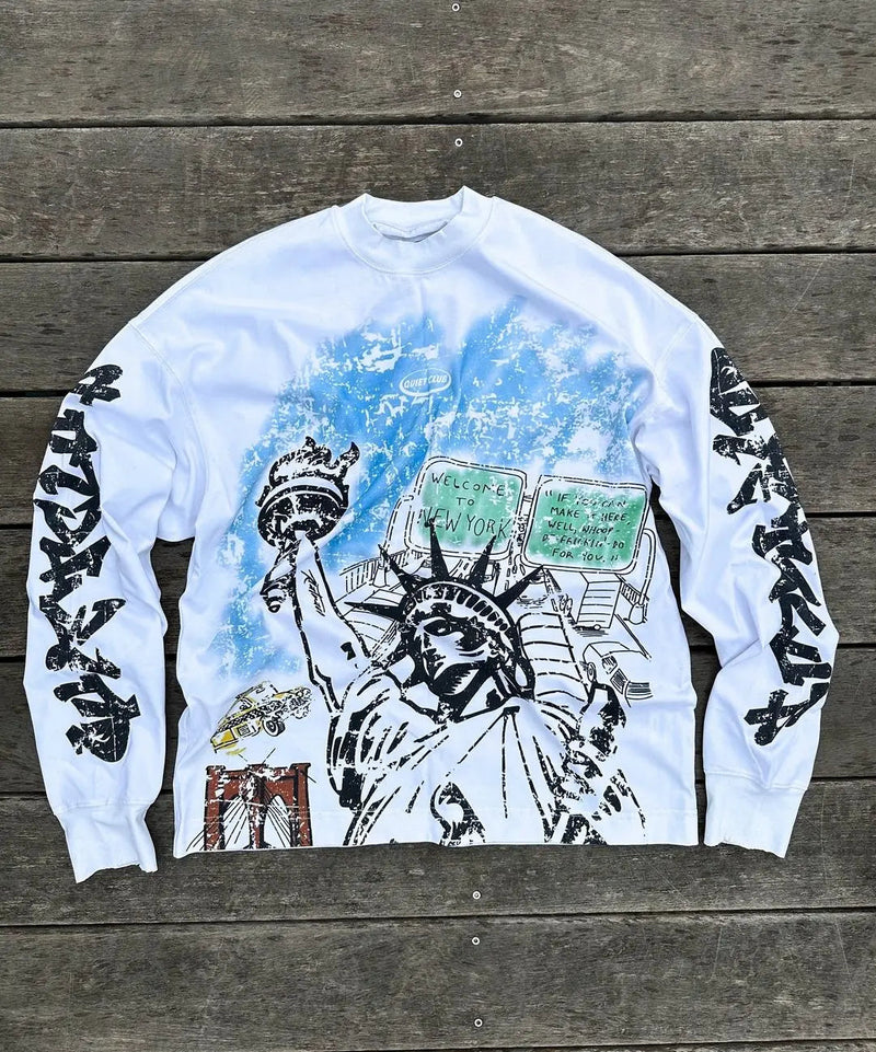 High Street Trendy Streetwear Tops Harajuku Punk Retro Pattern Printed Oversized T-shirt Men Hip-hop Casual Loose Long Sleeves Kaiz Boutique
