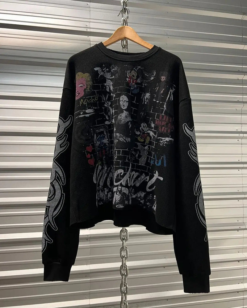 High Street Trendy Streetwear Tops Harajuku Punk Retro Pattern Printed Oversized T-shirt Men Hip-hop Casual Loose Long Sleeves Kaiz Boutique
