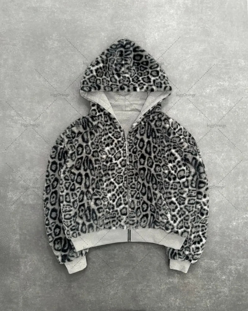 American New Retro Leopard Print Two-sided Fashion Zipper Hoodie Men Street Hip-hop Harajuku Y2K Casual Oversized Sweatshirt Kaiz Boutique