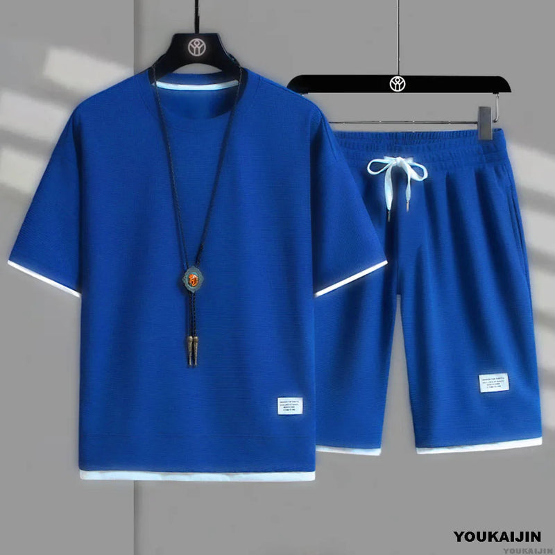 2025 Sports Fashion Casual Men's Suit Summer Korean Men's Waffle Short-sleeved T-shirt + Five-point Shorts Two-piece Set Kaiz Boutique
