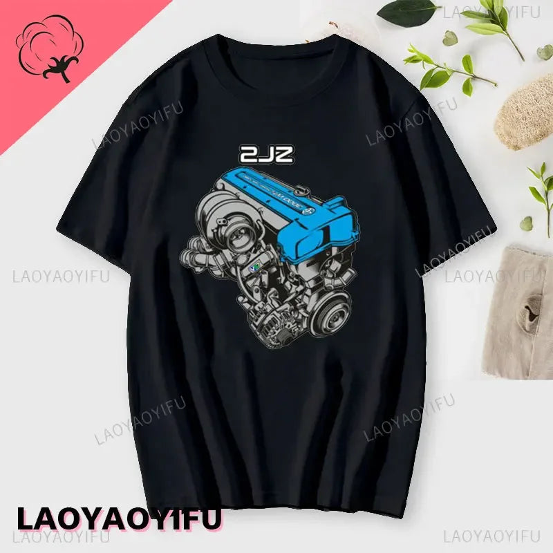 Japan Car 2JZ Engine Turbo Tuning JDM Printing T-Shirt Summer Fashion Casual Cotton O-Neck Mens Tshirt Personality Mans Clothing Kaiz Boutique