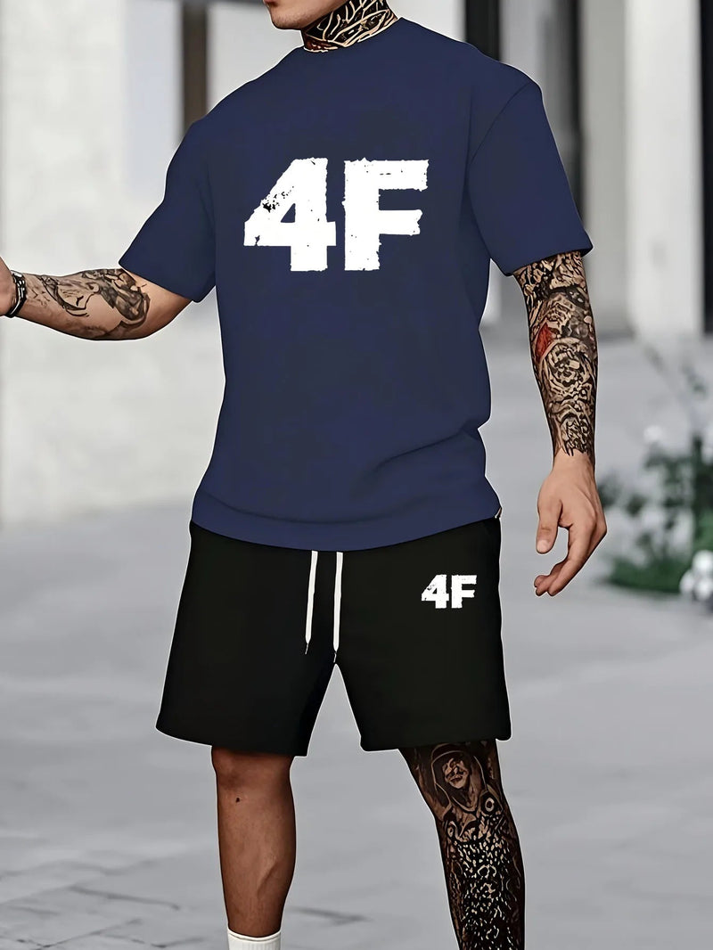 Men's Summer Fashionable Casual T-Shirt And Shorts Set Loose 4F Pattern Printed Sporty Round-Neck Short-Sleeved Outfit Kaiz Boutique