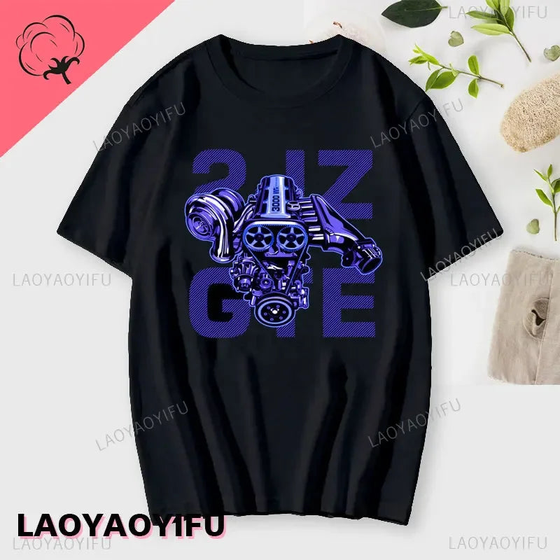 Japan Car 2JZ Engine Turbo Tuning JDM Printing T-Shirt Summer Fashion Casual Cotton O-Neck Mens Tshirt Personality Mans Clothing Kaiz Boutique