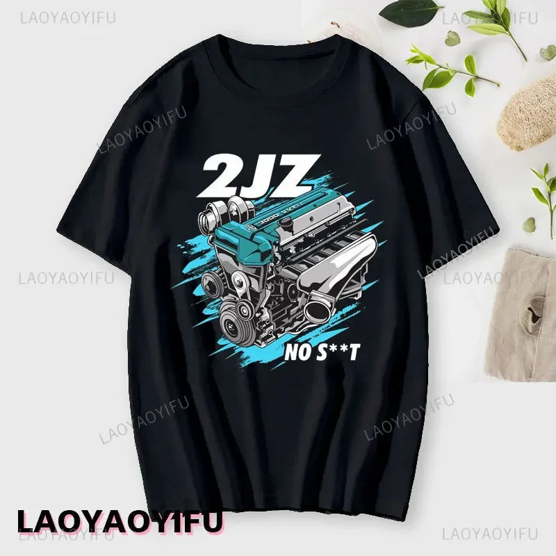 Japan Car 2JZ Engine Turbo Tuning JDM Printing T-Shirt Summer Fashion Casual Cotton O-Neck Mens Tshirt Personality Mans Clothing Kaiz Boutique