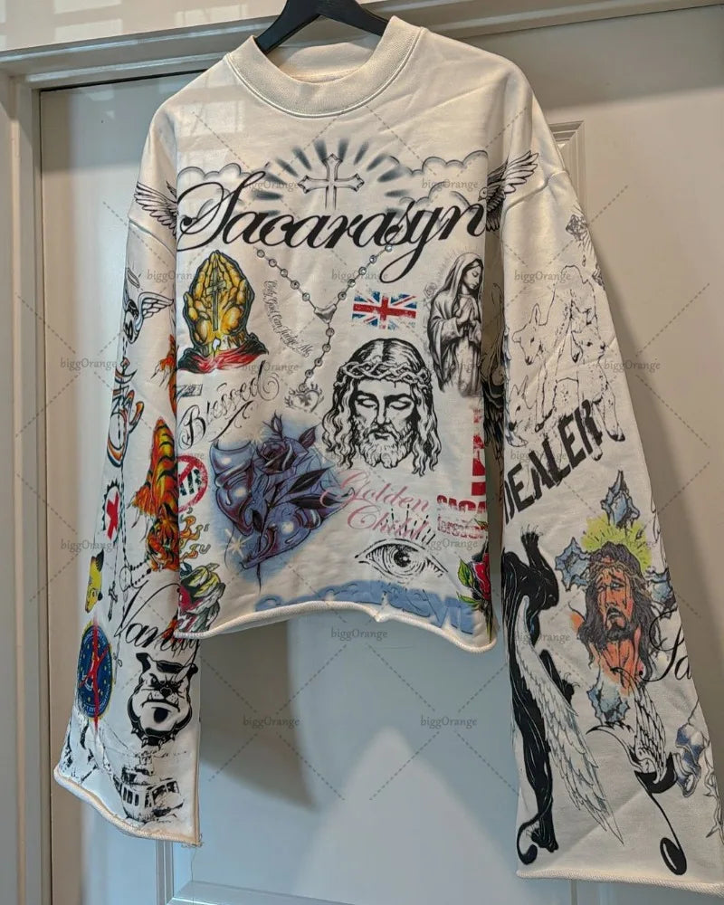 High Street Trendy Streetwear Tops Harajuku Punk Retro Pattern Printed Oversized T-shirt Men Hip-hop Casual Loose Long Sleeves Kaiz Boutique