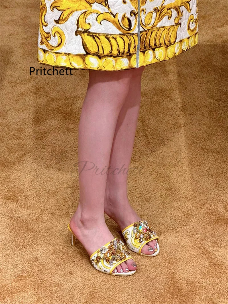 Yellow Prints Stiletto Slippers for Women Rhinestone Open Toe Summer Shoes Med Heels Bohemian Vacation Party Crystal Shoes Kaiz Boutique