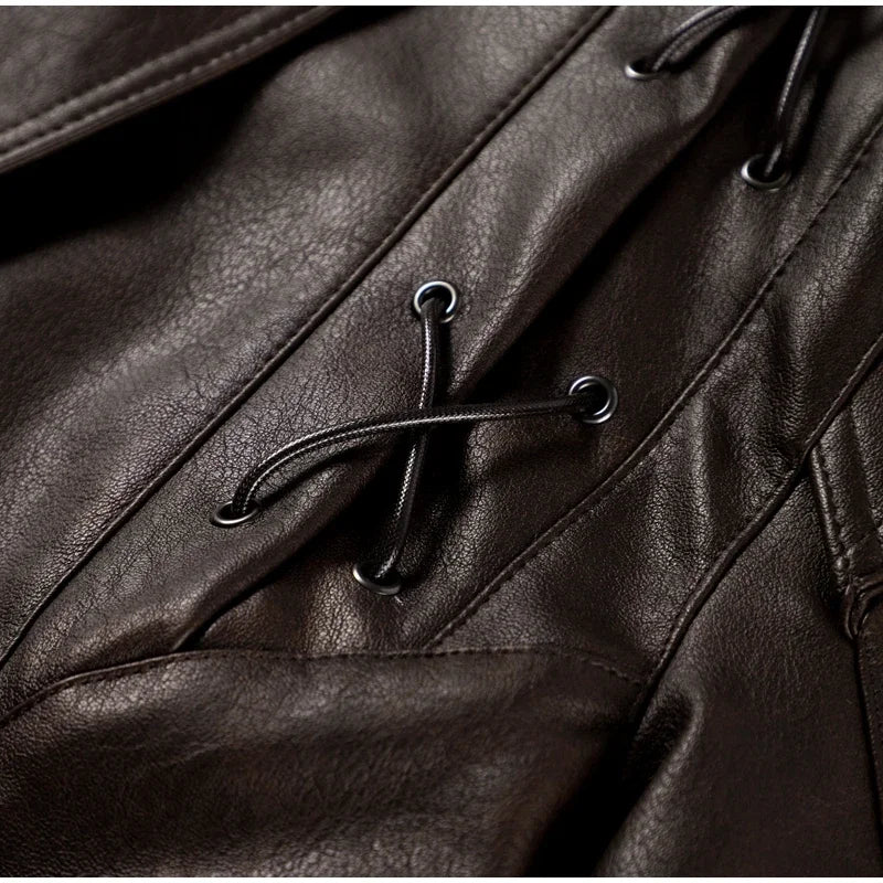 Faux Leather Brown Women Jackets 2025 Belt Lace Up Lapel Female Coat Vintage Casual Spring One Button Long Sleeve Lady Outwear Kaiz Boutique