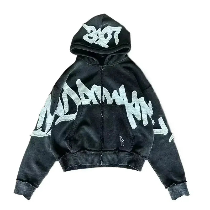American Fashion Hip Hop Letter Embroidered Zipper Hoodie Men Street Y2K New Casual Loose Fleece Padded Sweatshirt Unisex Hoodie Kaiz Boutique