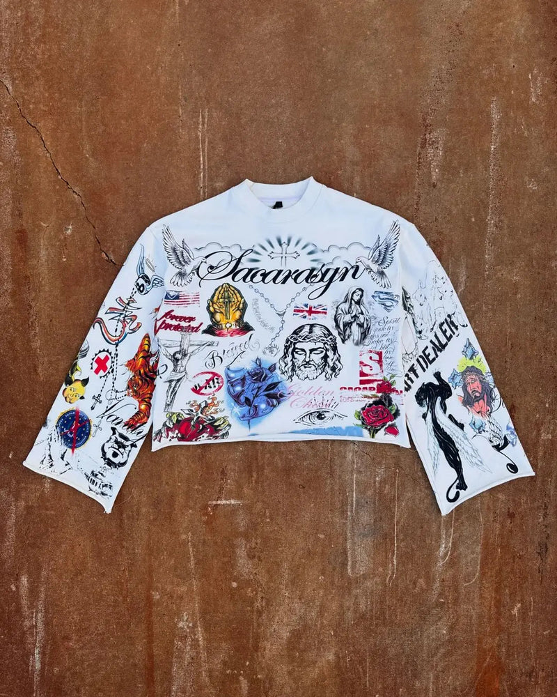 High Street Trendy Streetwear Tops Harajuku Punk Retro Pattern Printed Oversized T-shirt Men Hip-hop Casual Loose Long Sleeves Kaiz Boutique
